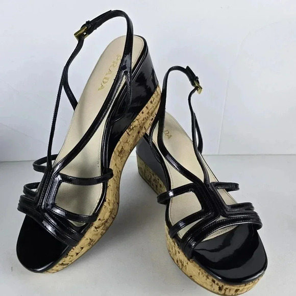 Vintage PRADA Black Patent Leather Wedge Platform Strappy Sandals Size 38 - Picture 1 of 13